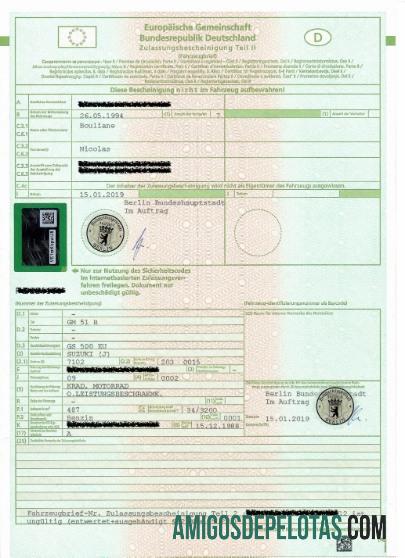 Modelo de certificado de registro de veículo na Alemanha